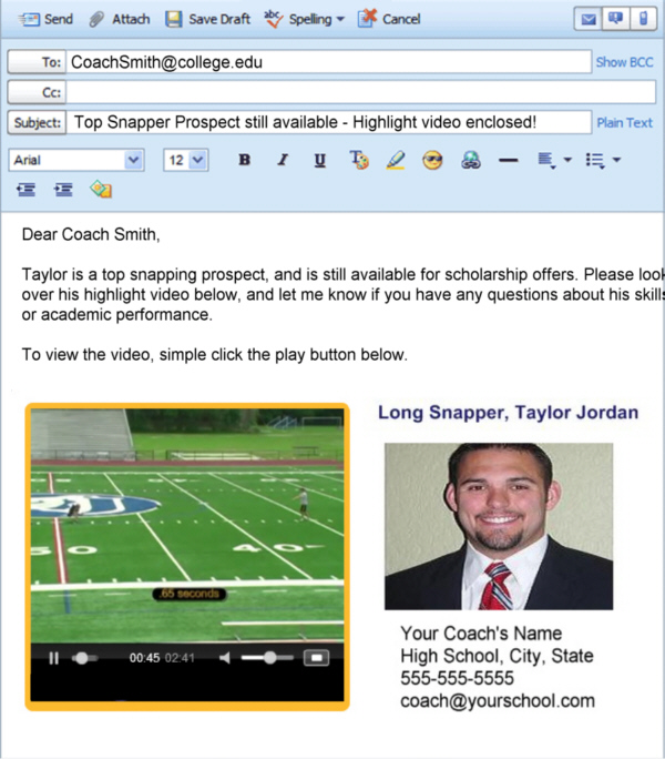 Video recruiting email example for college coaches