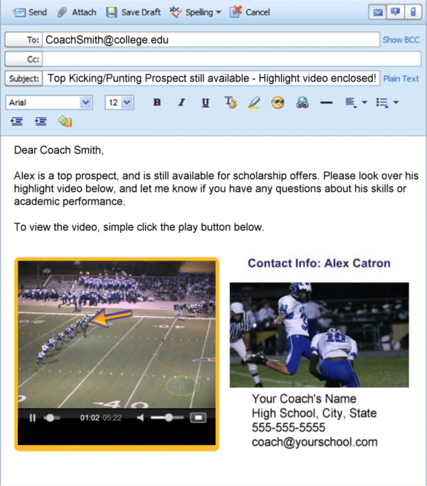 Video recruiting email example for college coaches